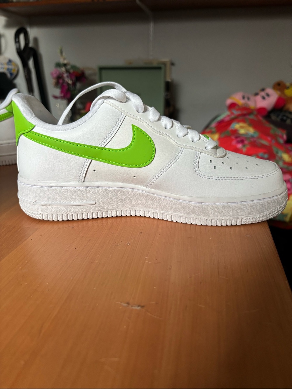 Nike White Sneakers with Bright Green Swoosh image 3